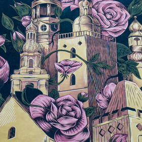 Mural - miasto wież i róż